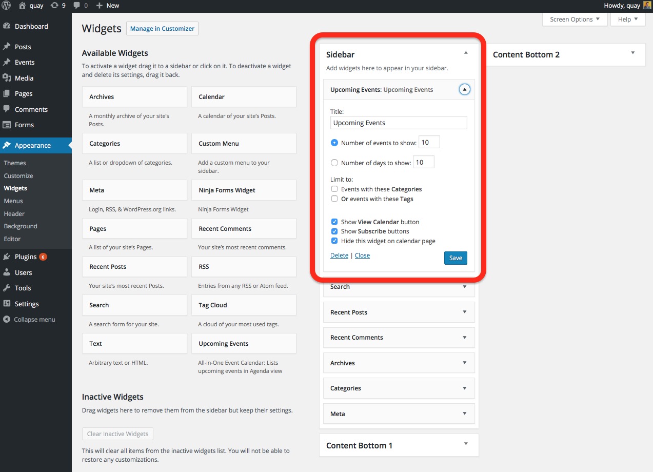 How to insert an events calendar and list in your sidebar on WordPress
